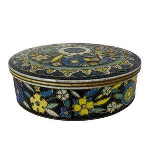 Vintage Daher Enameled Floral Tin Biscuit Box Round Decorative Design England